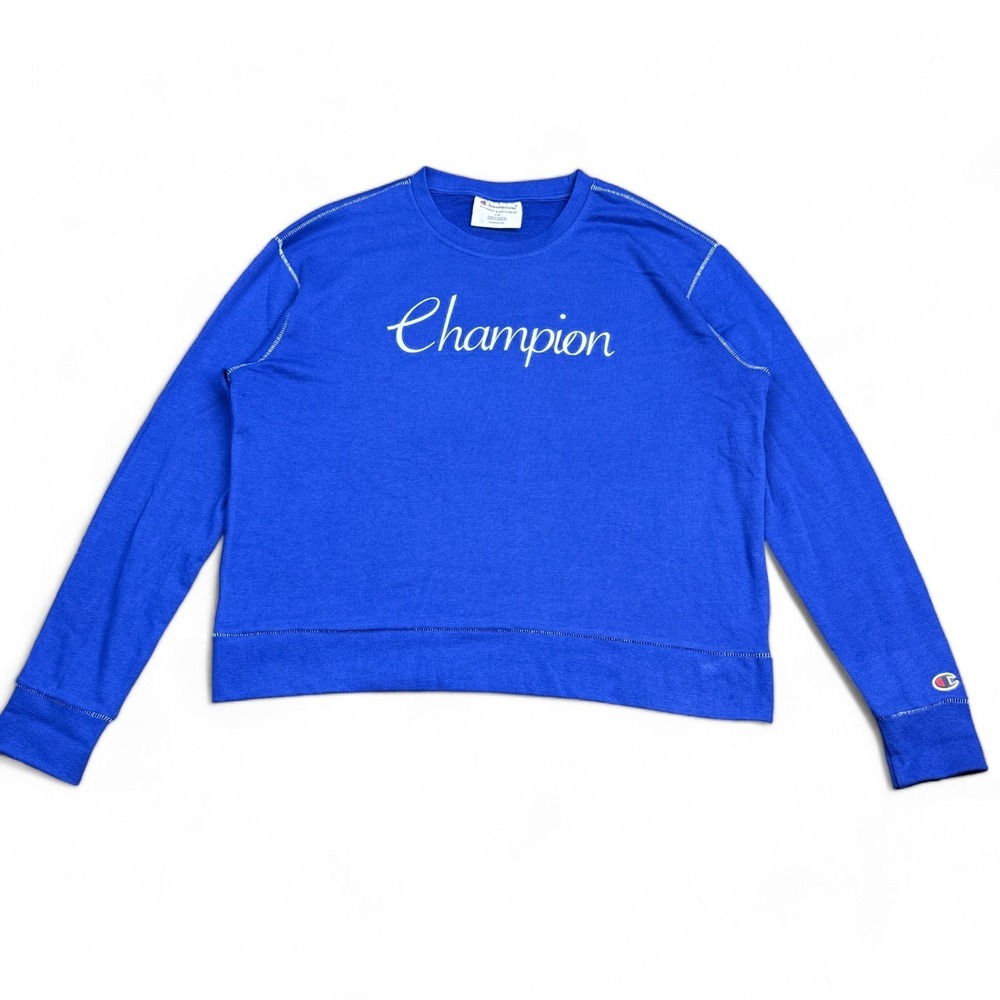 Champion T Shirt Top Womens Size Large Blue Script Logo Crew Neck Pullover